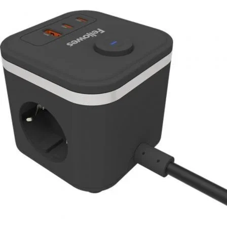 Fellowes Regleta Cubo con 3 Tomas de Corriente, 1 USB-A, 2 USB-C y Cable de 2 m, Negra